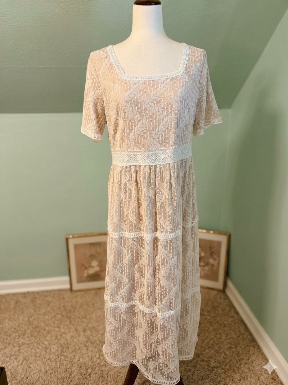 Polagram Vintage-Style Cream Lace Tiered Dress Boho Ethereal Cottagecore Fairy